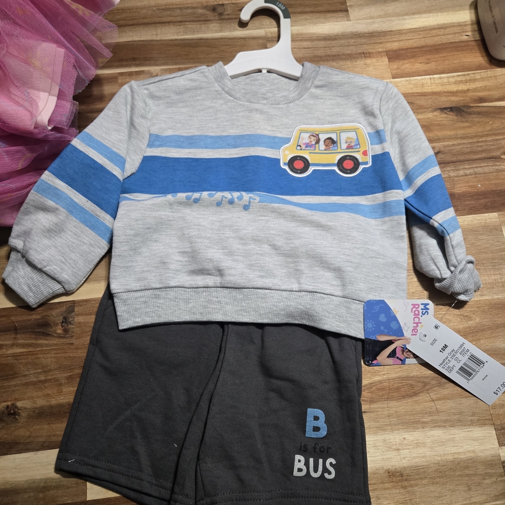 18mo Gray and Blue Bus Themed Ms. Rachel Toddler Outfit